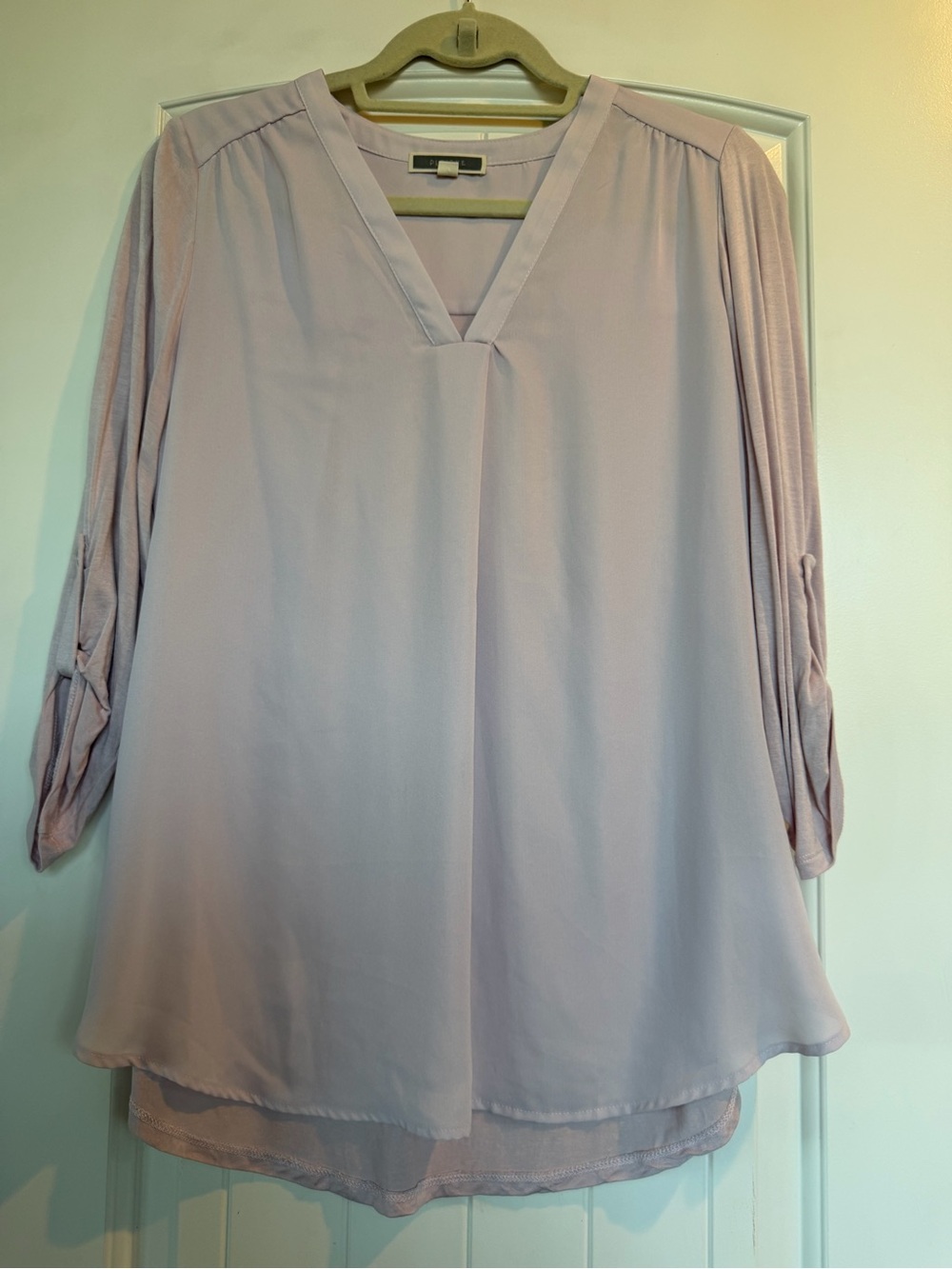 Pleione Light Lavender V-Neck Roll-Tab Blouse
